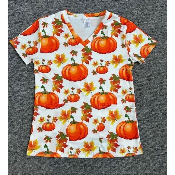 Thanksgiving Scrub top Women’s size Small Medium 6 pumpkin Nurse healthcare - Picture 2 of 4
